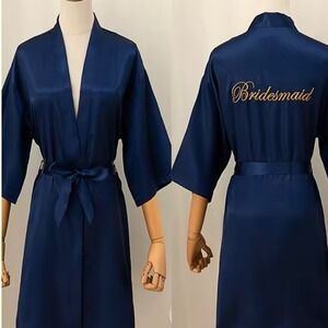 Bridesmaid Robe Satin OSFM Navy Blue/Gold Embroidered Kimono Wedding Get Ready